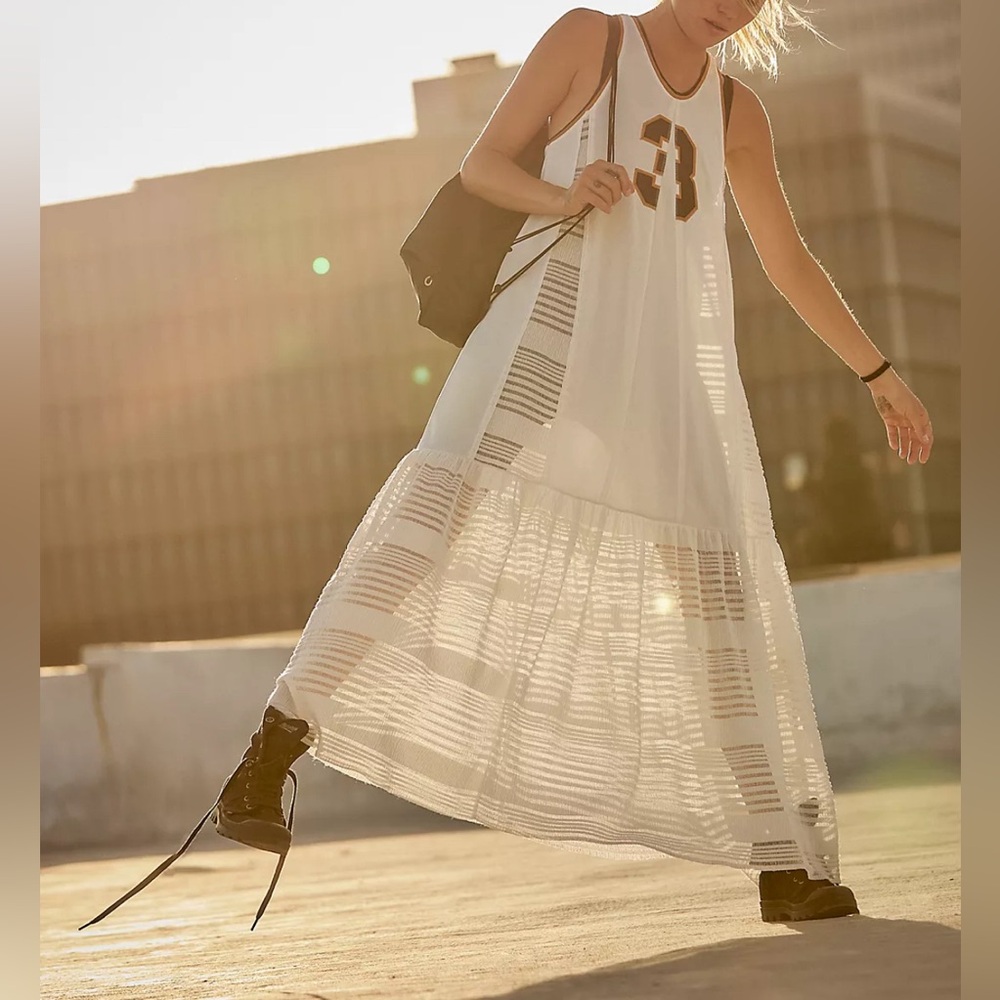 Free People Movement First Position Jersey Sheer White Sleeveless Maxi Dress L